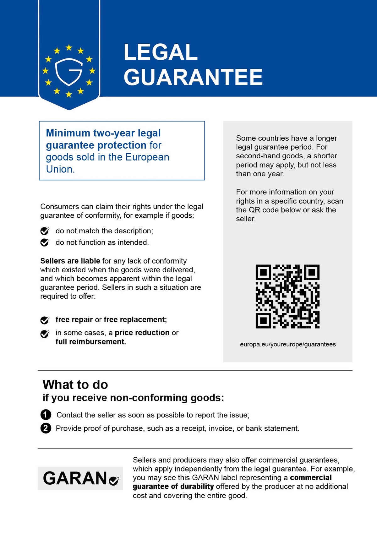 EU Legal Guarantee – harmonised notice / Gesetzliche Gewährleistung